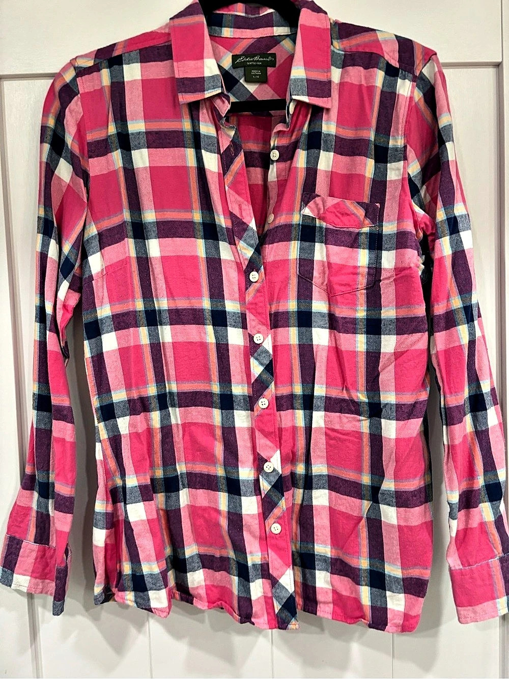 Eddie Bauer Plaid Linen Button Down in Pink & Blue Size Large
